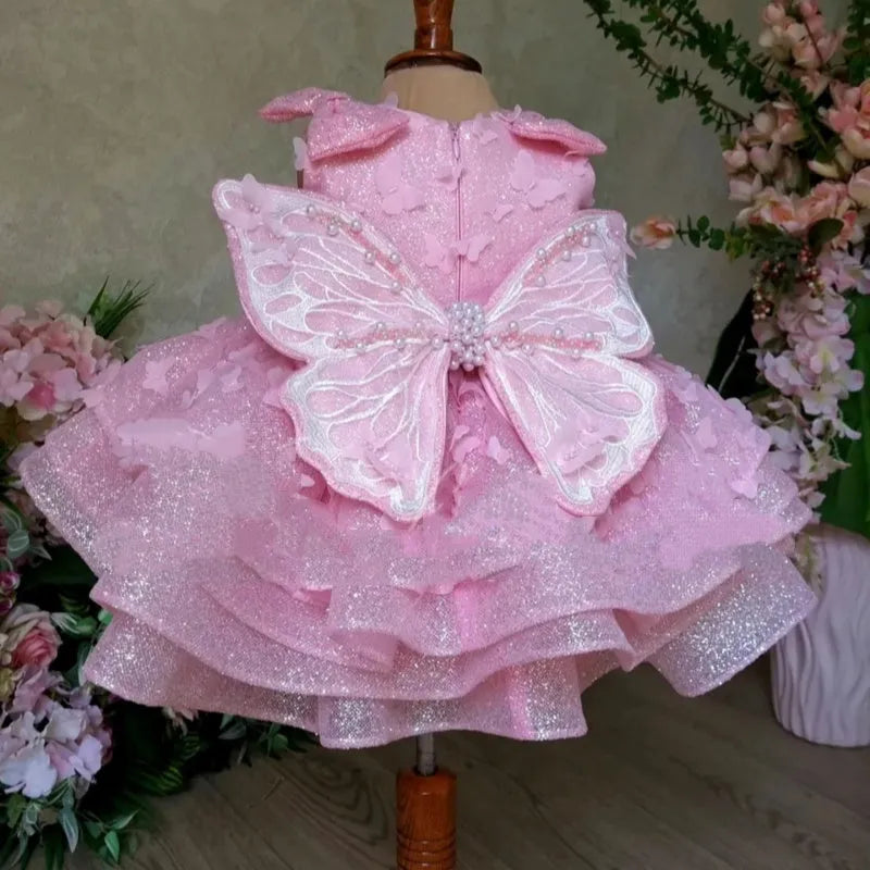 Pink girls sleeveless polyester summer dress with three-dimensional butterfly decoration