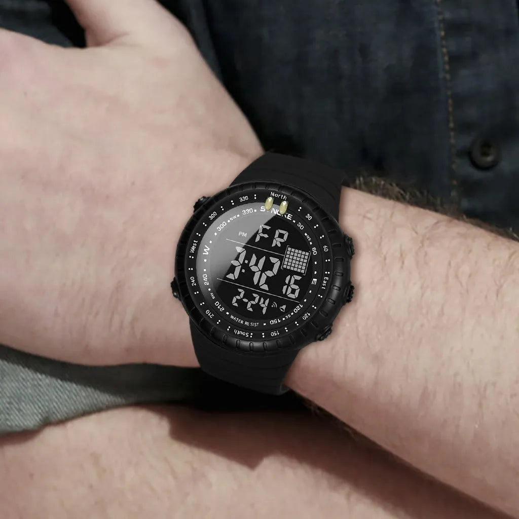 Black men's outdoor electronic watch with a large round dial on a PU strap, showing water resistance.