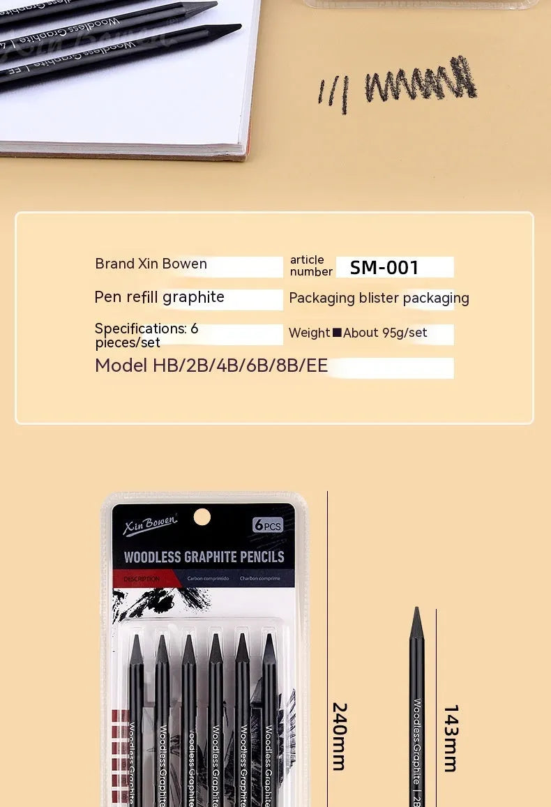 Set of six wood-free graphite sketching pencils in grades HB, 2B, 4B, 6B, 8B, and EE for art drawing.