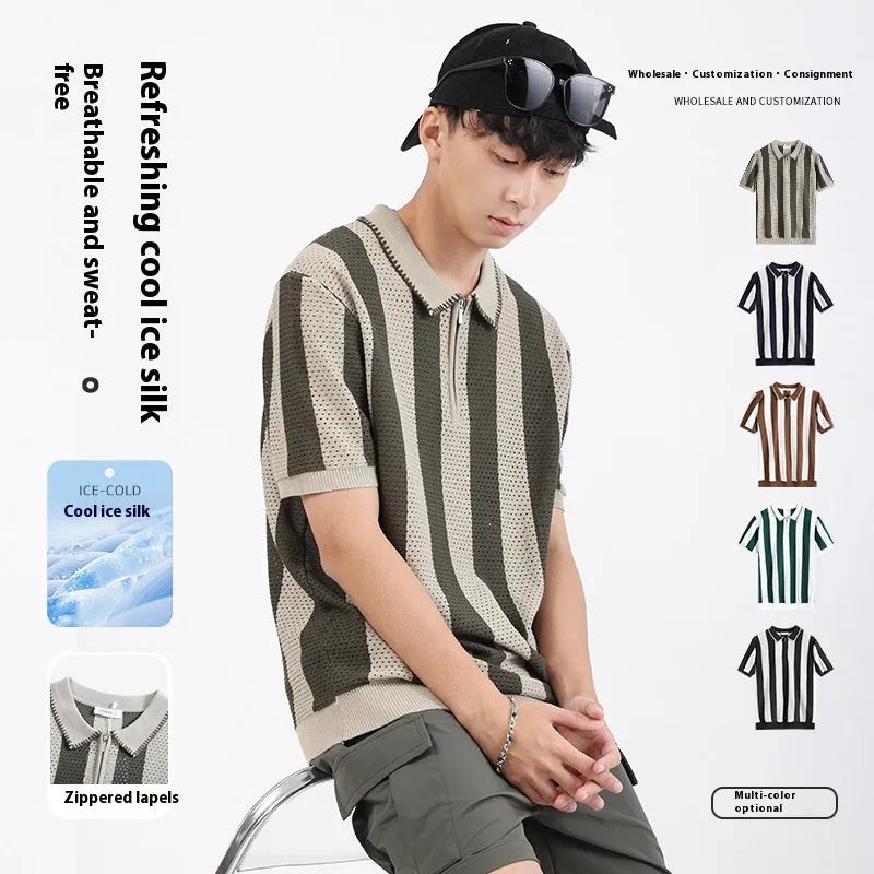 Man modelling a black and white striped short sleeve viscose sweater with a small front zipper detail.