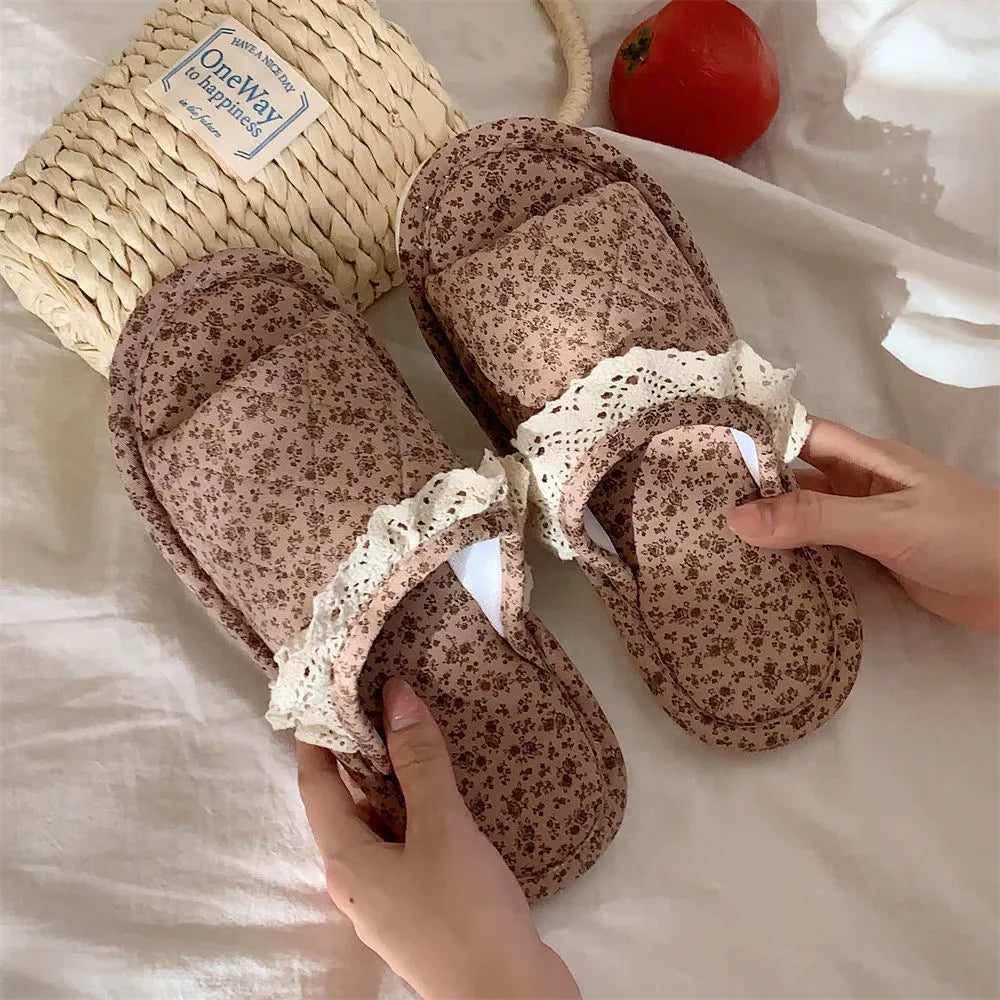 Brown Korean lace floral thickened linen slippers for women, PVC sole, indoor flip flop style