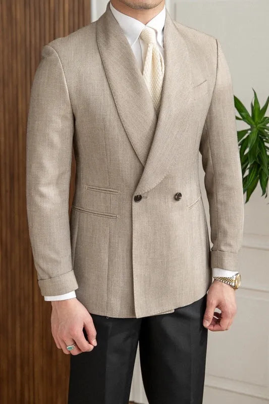 Men's light coffee double-breasted tuxedo suit jacket with notched lapels on a plain background