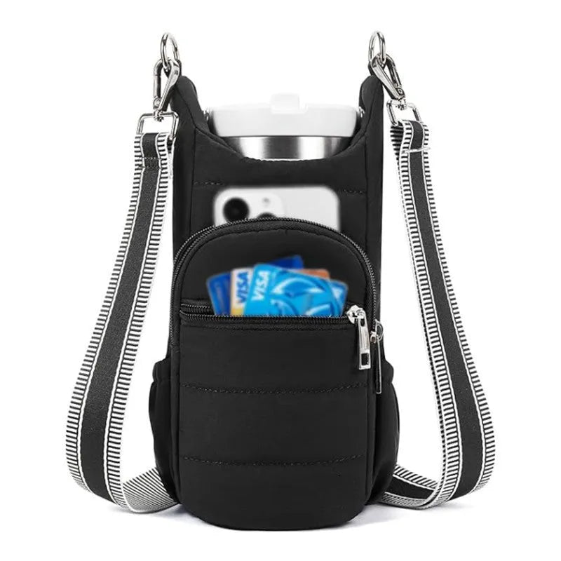 Cloth water bottle holder bag for bicycles in beige, black, and pink colour options.