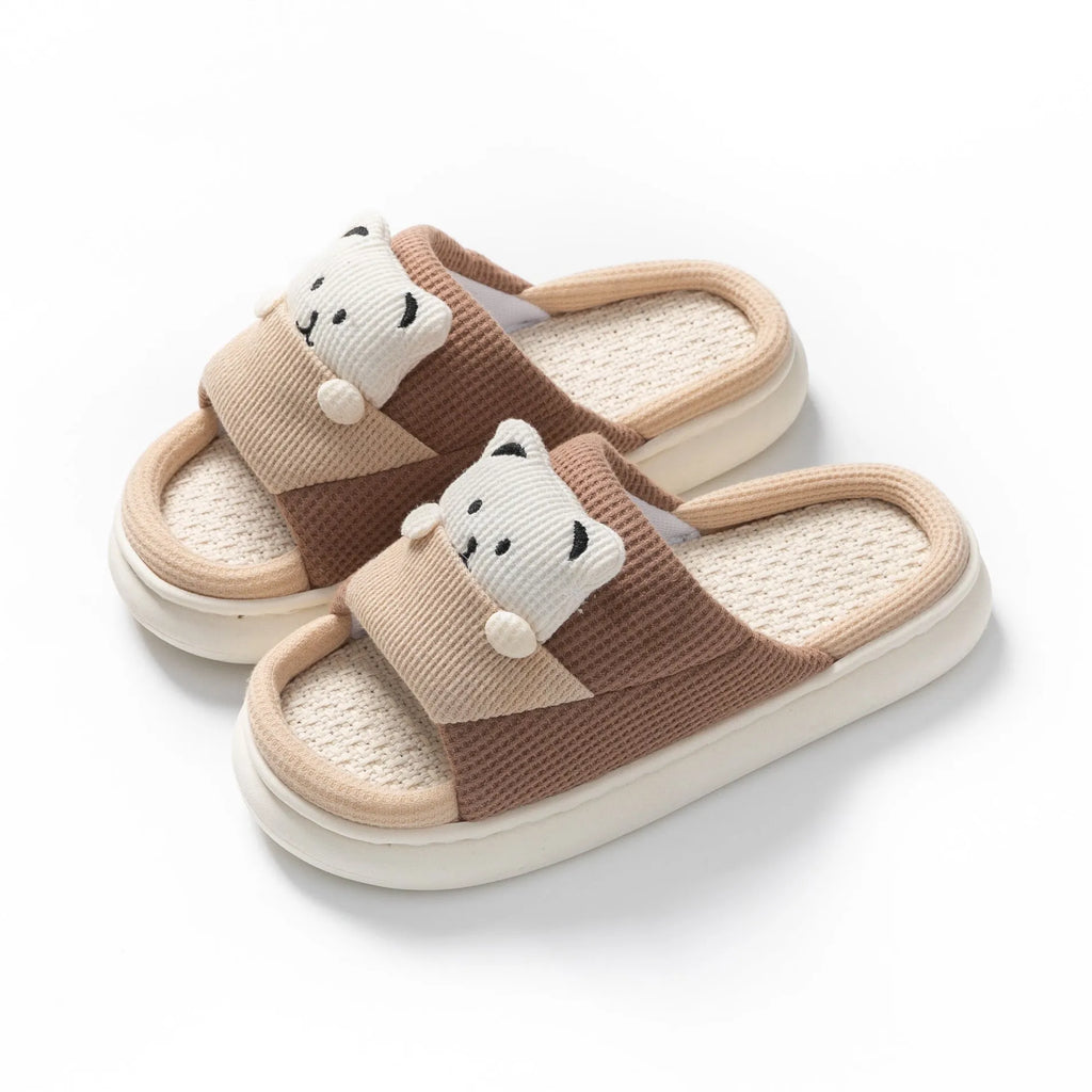 Cute cartoon bear design thick-soled linen slippers for women in blue, green, pink options