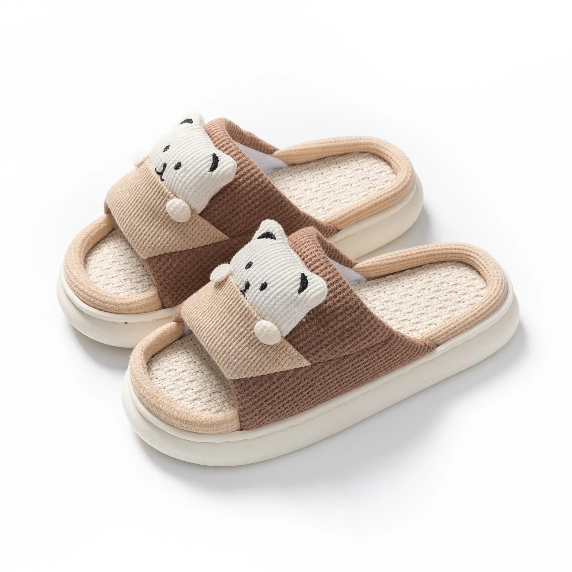 Cute cartoon bear design thick-soled linen slippers for women in blue, green, pink options