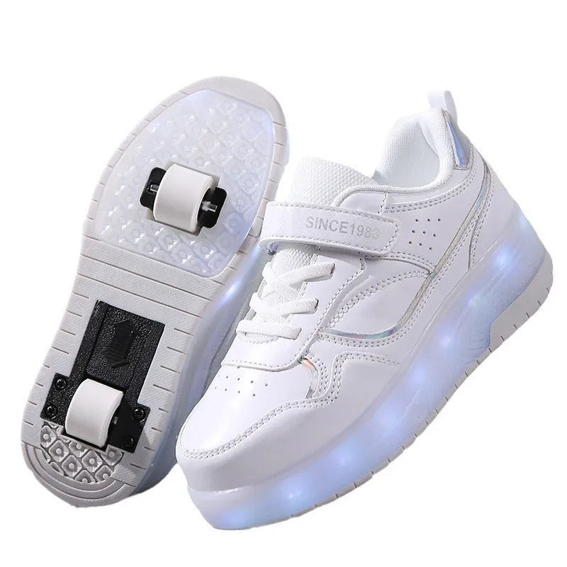 Boys and girls charging flash roller skates with LED lights in multiple colours and wheel configurations