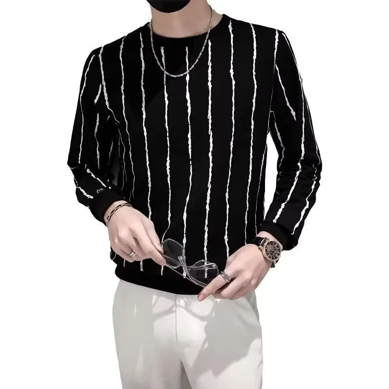 Men's loose fit corduroy striped pullover sweater in black, regular sleeve, thin knit