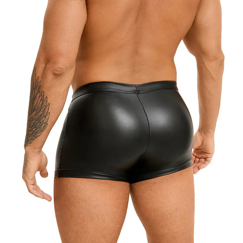 Black men's PU leather boxer shorts with a U pouch design laid flat.