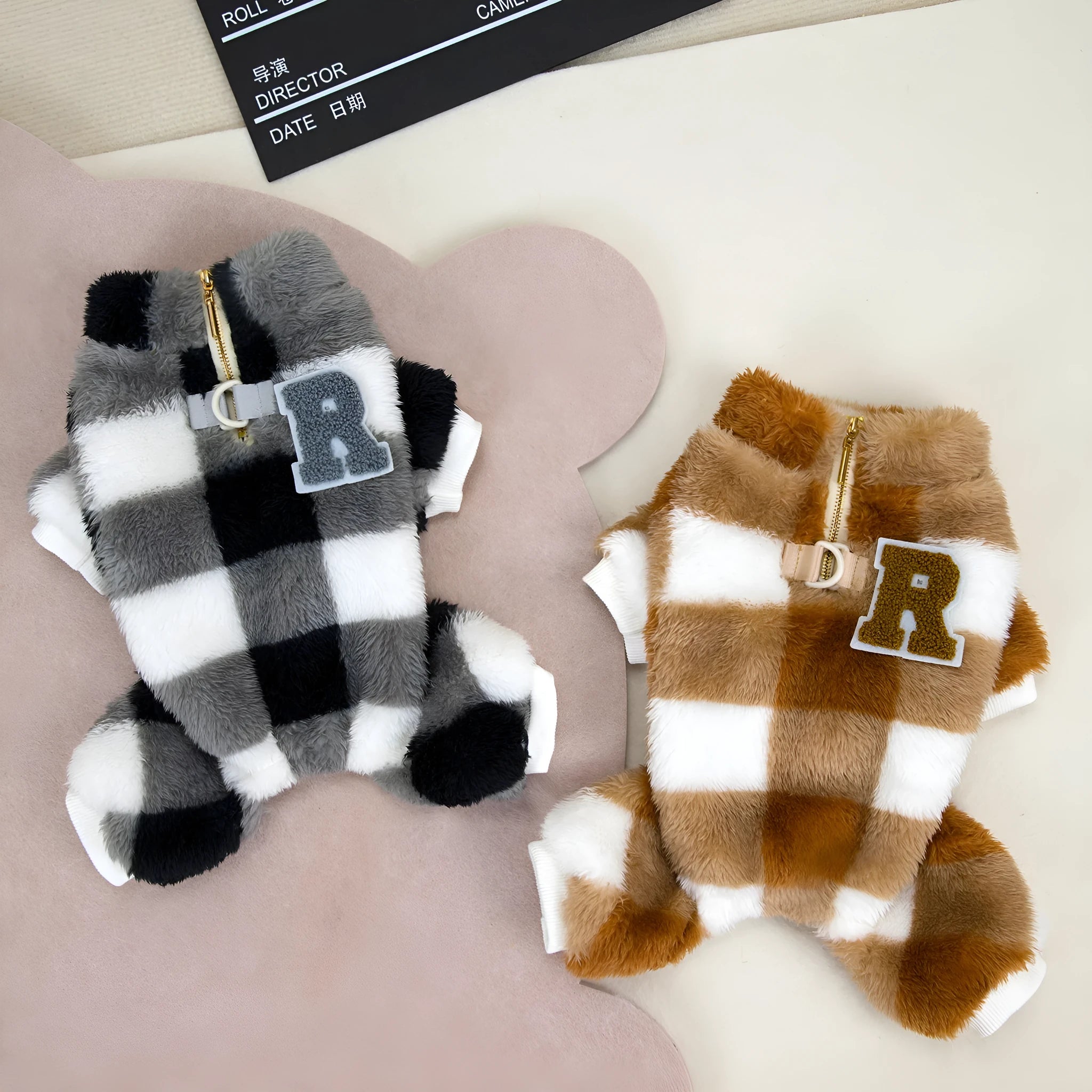 Double-sided velvet four-leg fluffy dog jacket in gray and brown, available in sizes S to XXL