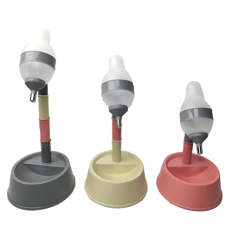 Adjustable height pet water dispenser with detachable pole and non-drip nozzle in green, grey or pink colours