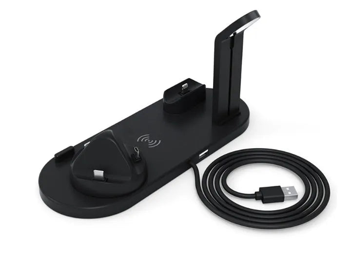 Desktop stand three-in-one wireless charger charging iPhone, Apple Watch, and AirPods, available in black, white, silver, and rose gold.