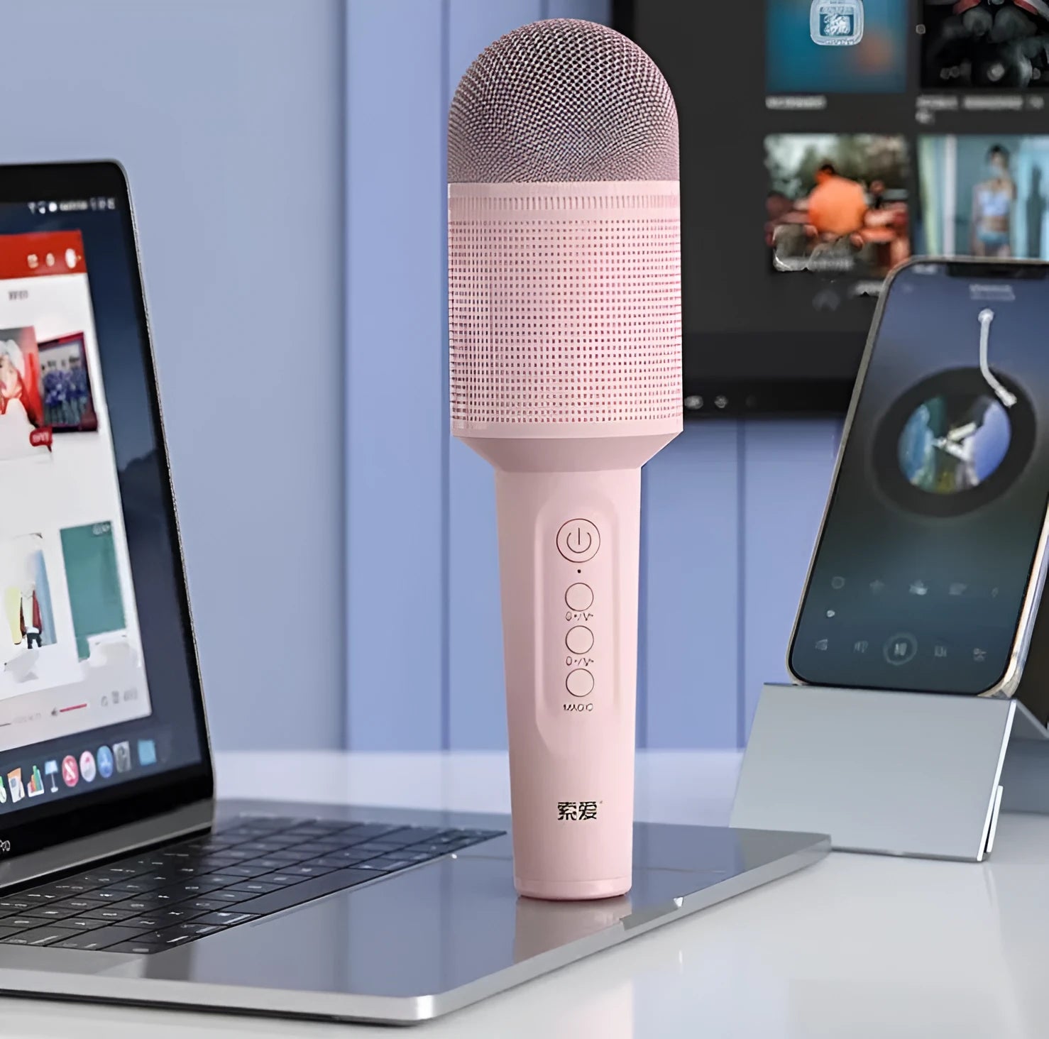 Wireless Bluetooth karaoke microphone in pink, blue, and green colour options