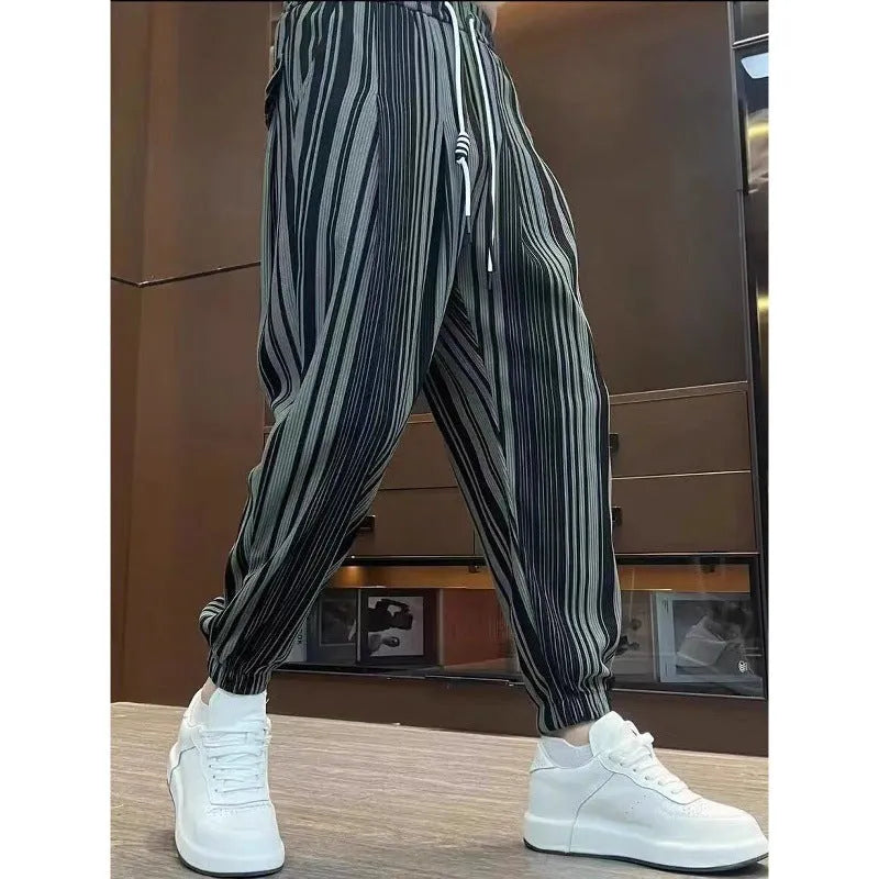 Men's striped cropped pants with ankle ties in ice silk fabric