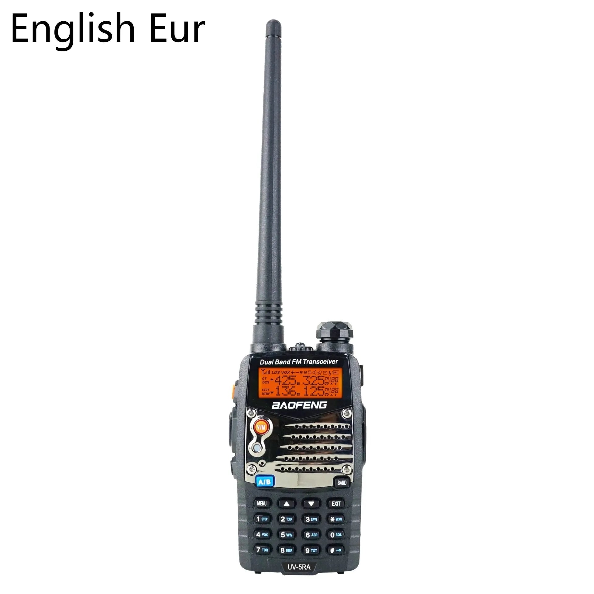 Baofeng UV-5RA dual-band two-way radio with dual display, shown without battery.