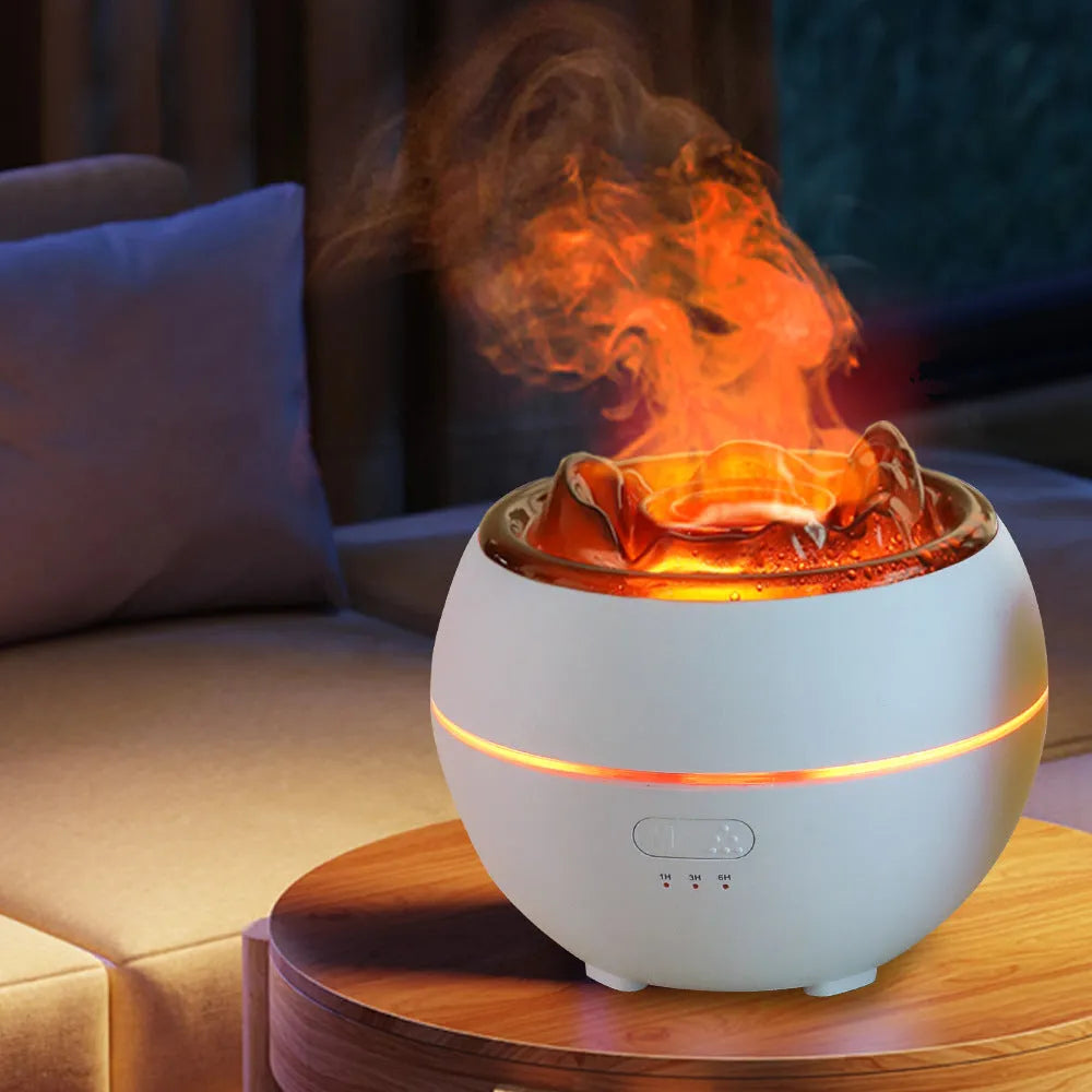 White crack-style flame aroma diffuser on a desk with mist and timer buttons visible
