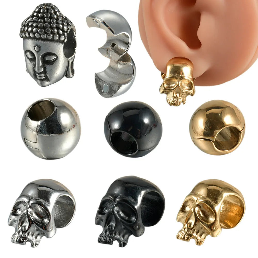 Stainless steel hollow skull Buddha earring in geometric hip hop style.