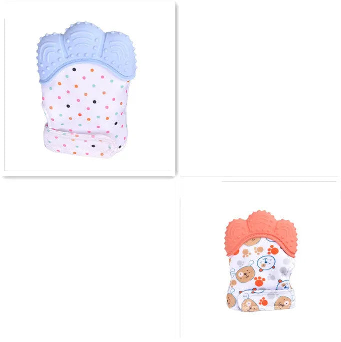 BPA-free silicone baby teether glove fastened with a white Velcro strap on a baby's hand