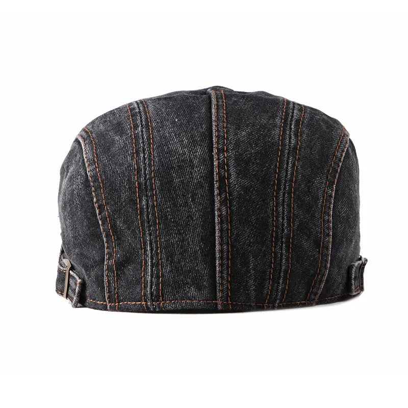 Fashion wash denim beret in medium denim blue, flat top crown, curly brim, cotton tie dye