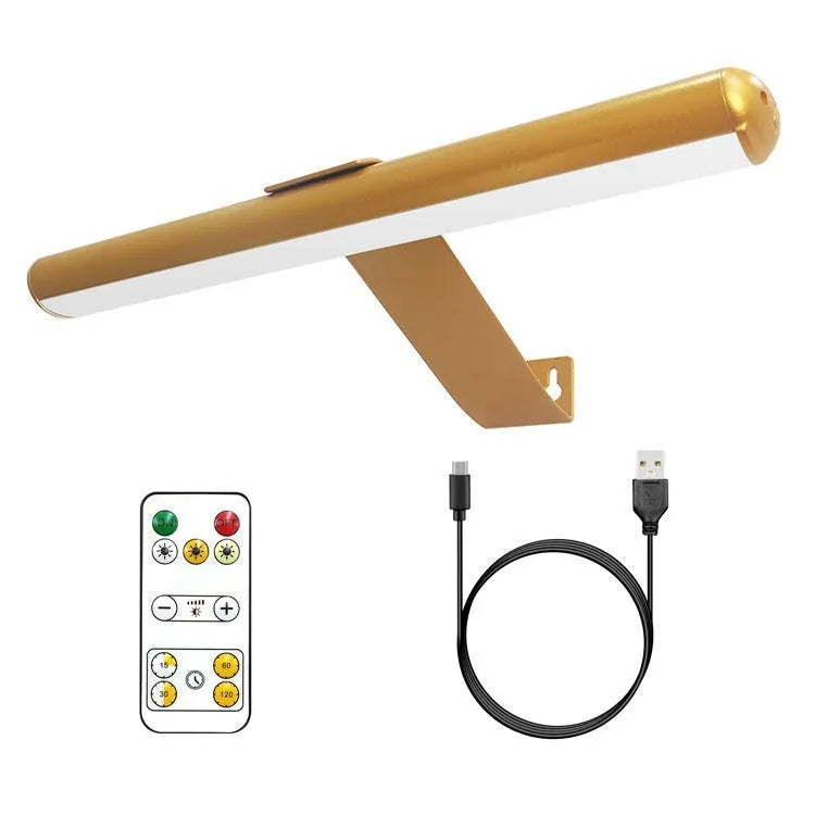 Oval gold oil painting lamp with magnetic mount and remote control placed above a bathroom mirror