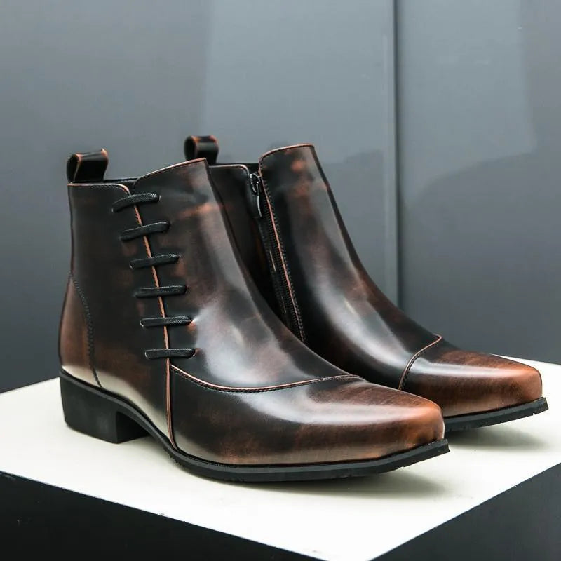 Men's large size high-top colour matching leather boots with side zipper in black and yellow