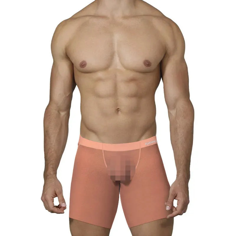 Men's low waist ice silk boxer shorts in solid orange colour, showing knit fabric texture.