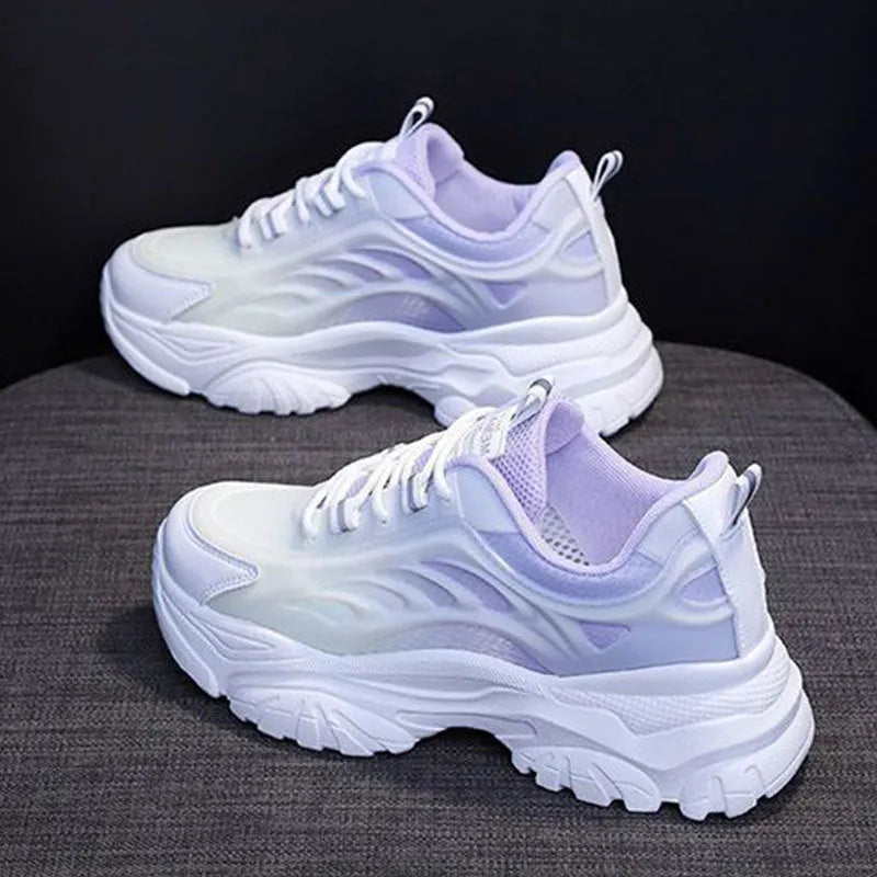 Women's satin casual sports shoes with round toe and lace-up front in pink, blue or purple colours