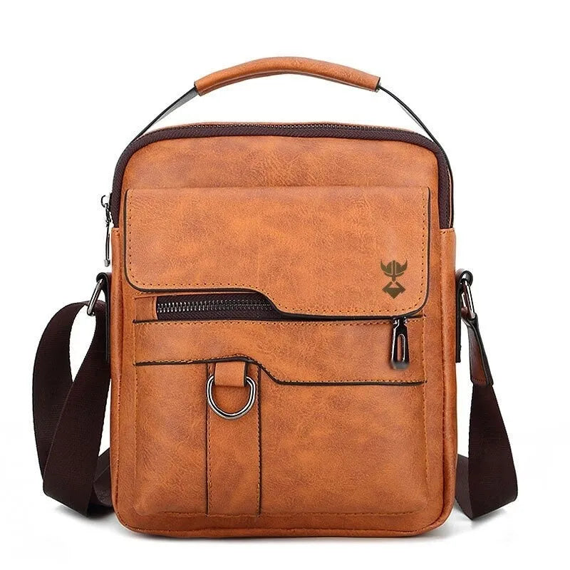 Men's khaki PU leather casual shoulder bag showing square shape and zipper closure