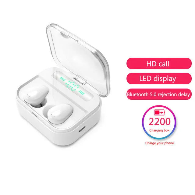 Black and white X7LED sports Bluetooth in-ear headphones with USB charging case