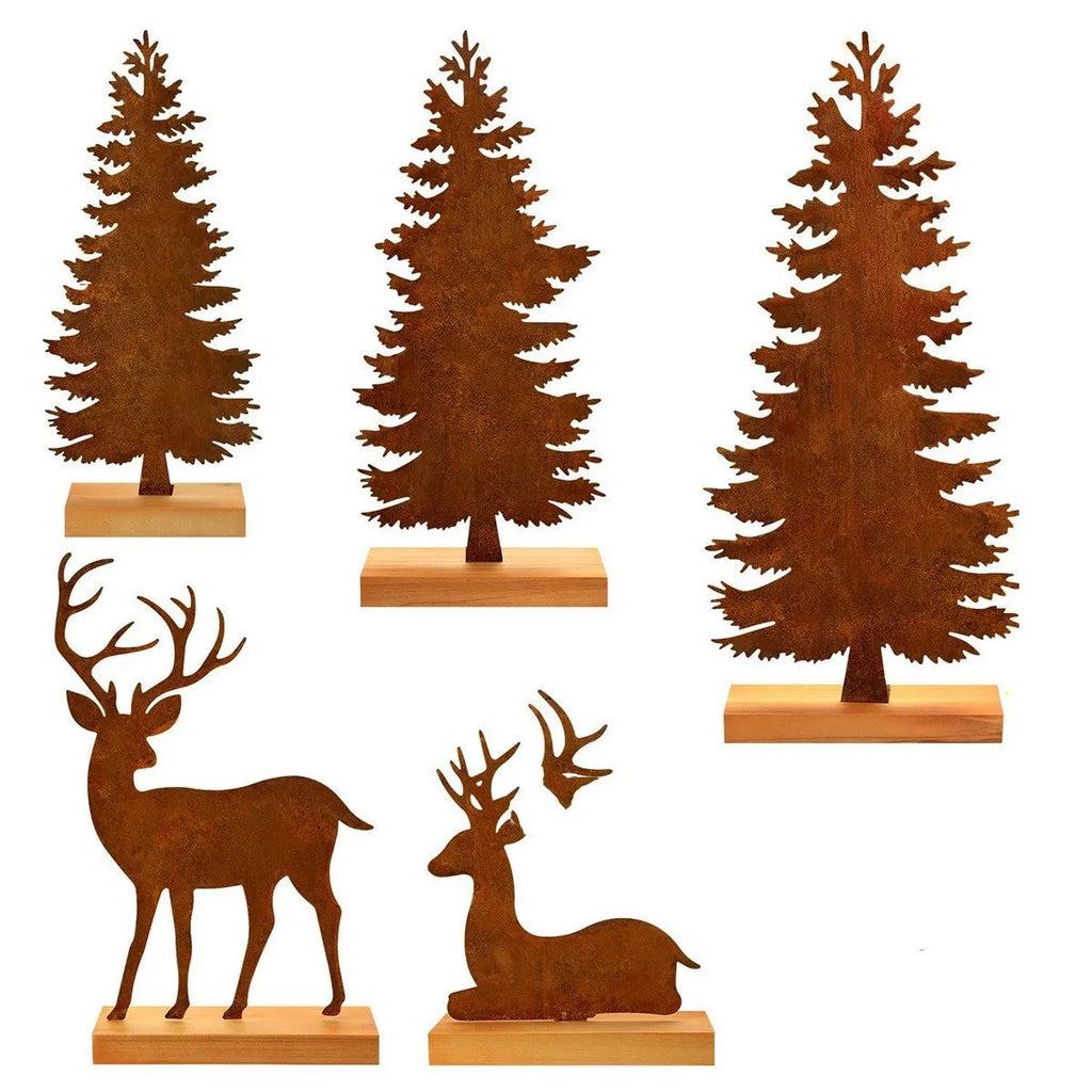 Three metal Christmas tree ornaments with rusty finish featuring elk designs