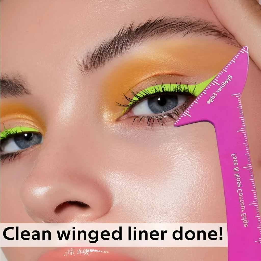 Close-up of reusable plastic eyeliner stencils for creating winged liner and face contour on hooded eyes