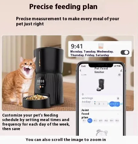 Black and white automatic pet feeder with digital timer and USB cable for remote, portion-controlled feeding.