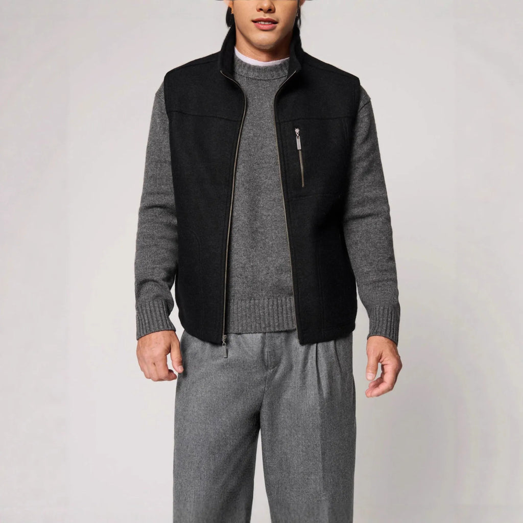 Men's fine autumn and winter blended thermal zipper vest in black, solid colour with zip front