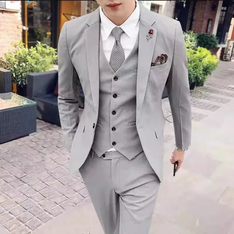 Men's three-piece Korean style slim fit business suit set in black, grey or Tibetan blue with trousers and tie
