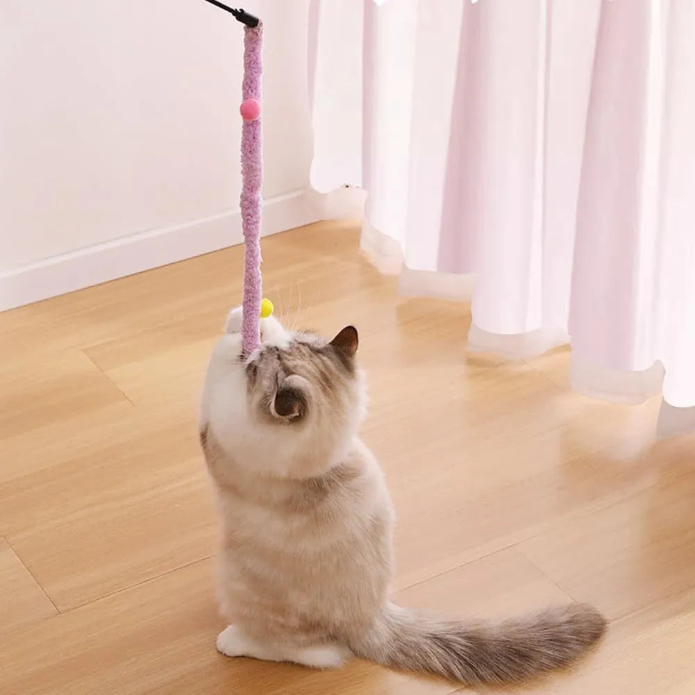 41cm cat wand toy with 60cm plush strip, colourful fluffy ball and bell for interactive play