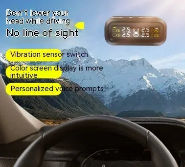 Wireless solar car tyre pressure monitor with colour display and four external sensors.