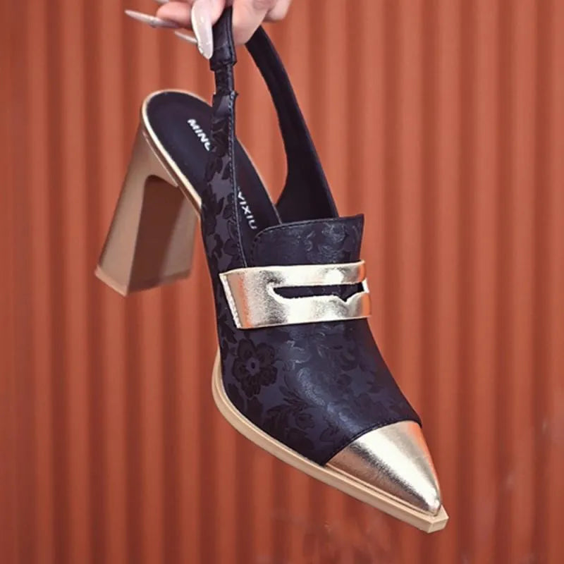 Korean style women's high heel sandals with chunky block heel, pointed toe, and elastic ankle strap in microfiber.