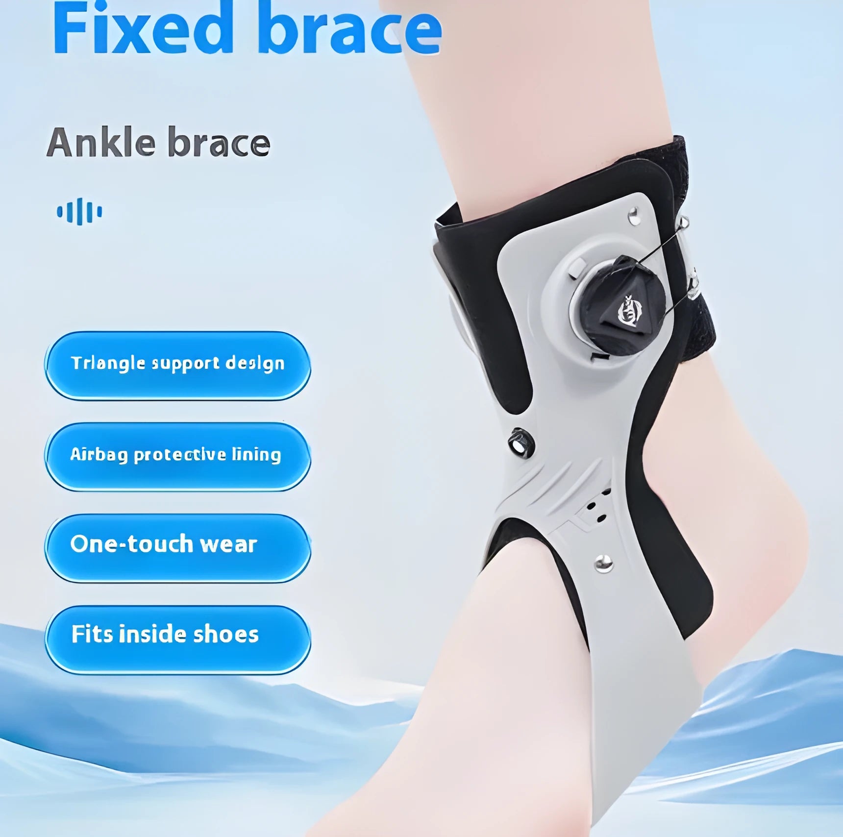 Grey ankle support brace with airbag button system showing adjustable straps and sizing options