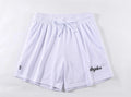 Men's double-layer mesh sports shorts in multiple colours on a size chart background.