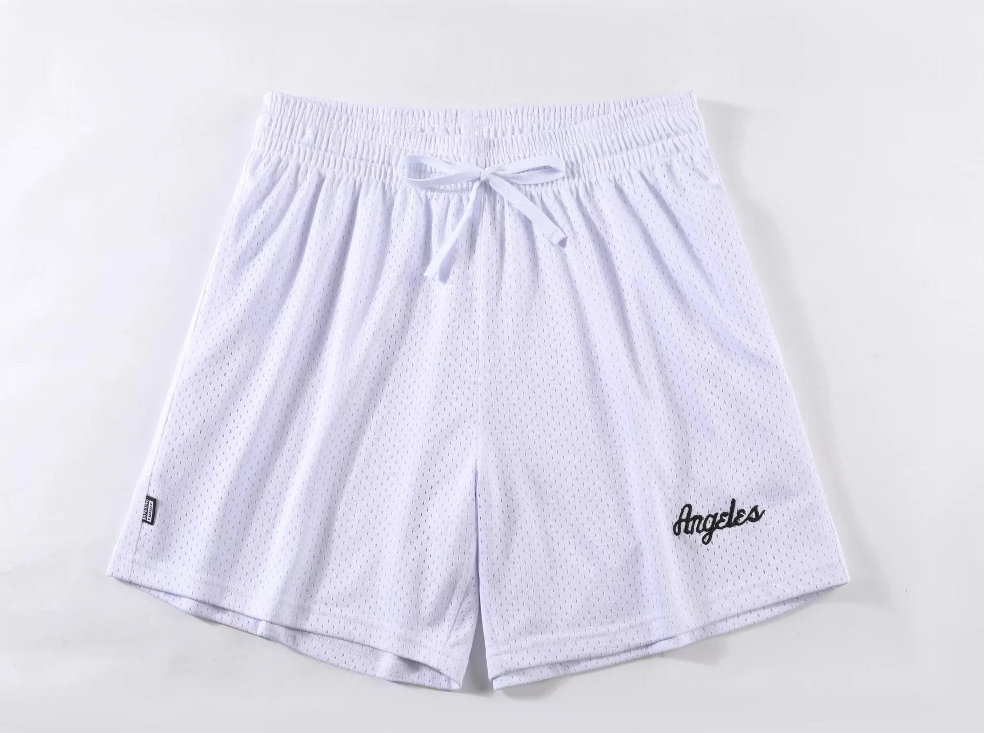 Men's double-layer mesh sports shorts in multiple colours on a size chart background.