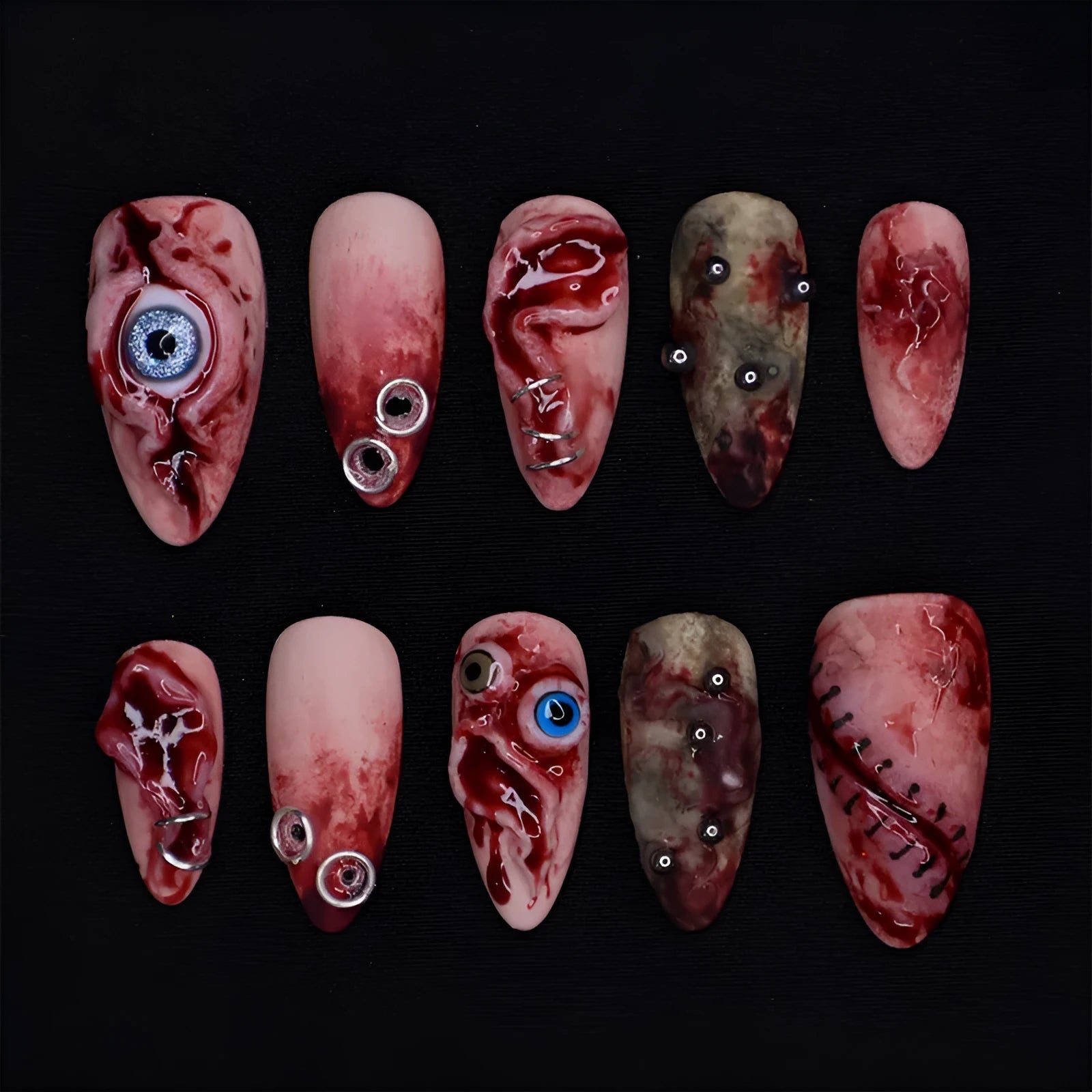 30-piece almond 3D stereo fake nails set in colour 2XB1-13244 for ladies Halloween wear