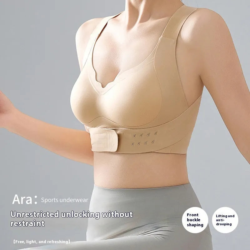 Women's front closure sports bra with back shaping panels for yoga and cross training