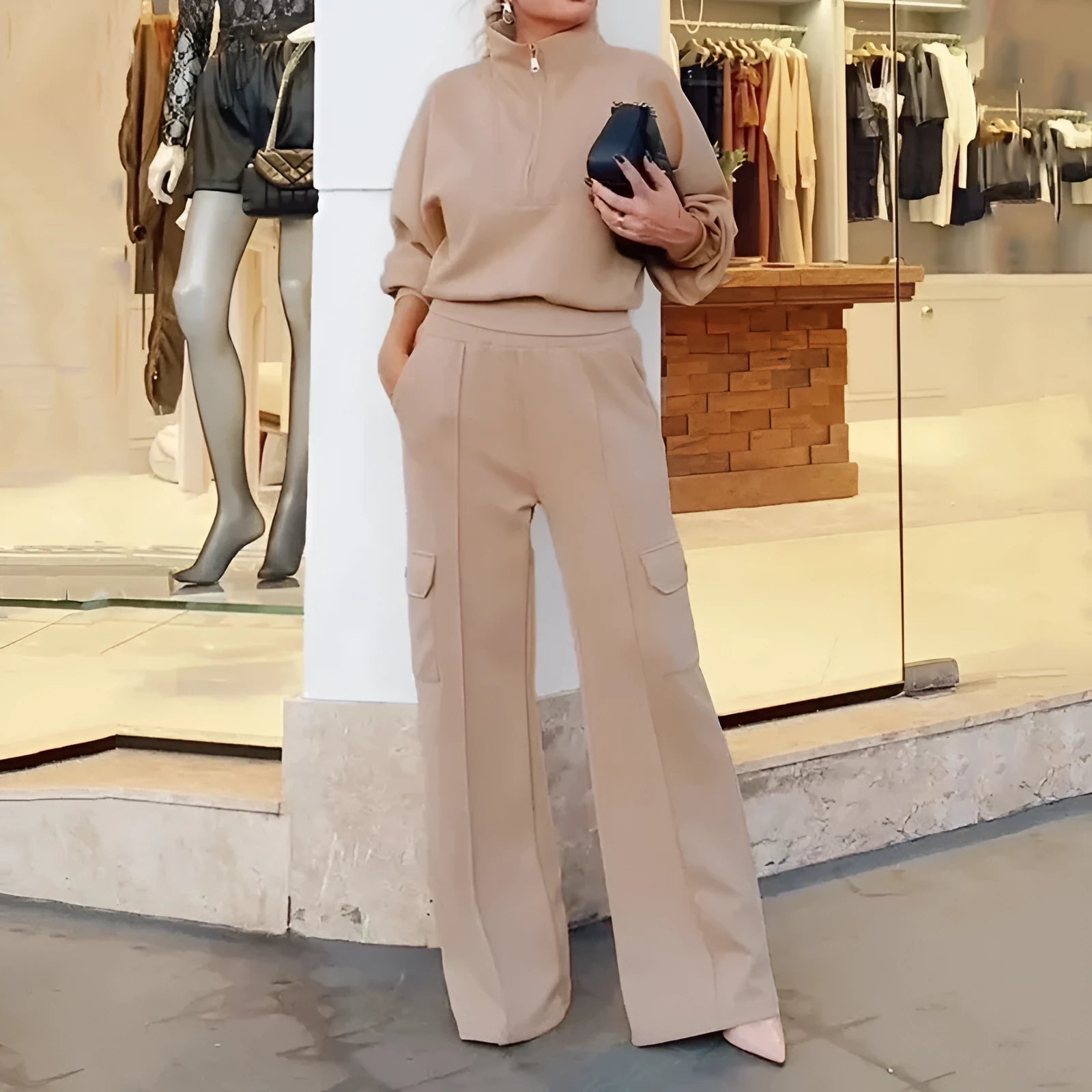Women's light camel polyester two-piece workwear set with lapel top and wide-leg trousers