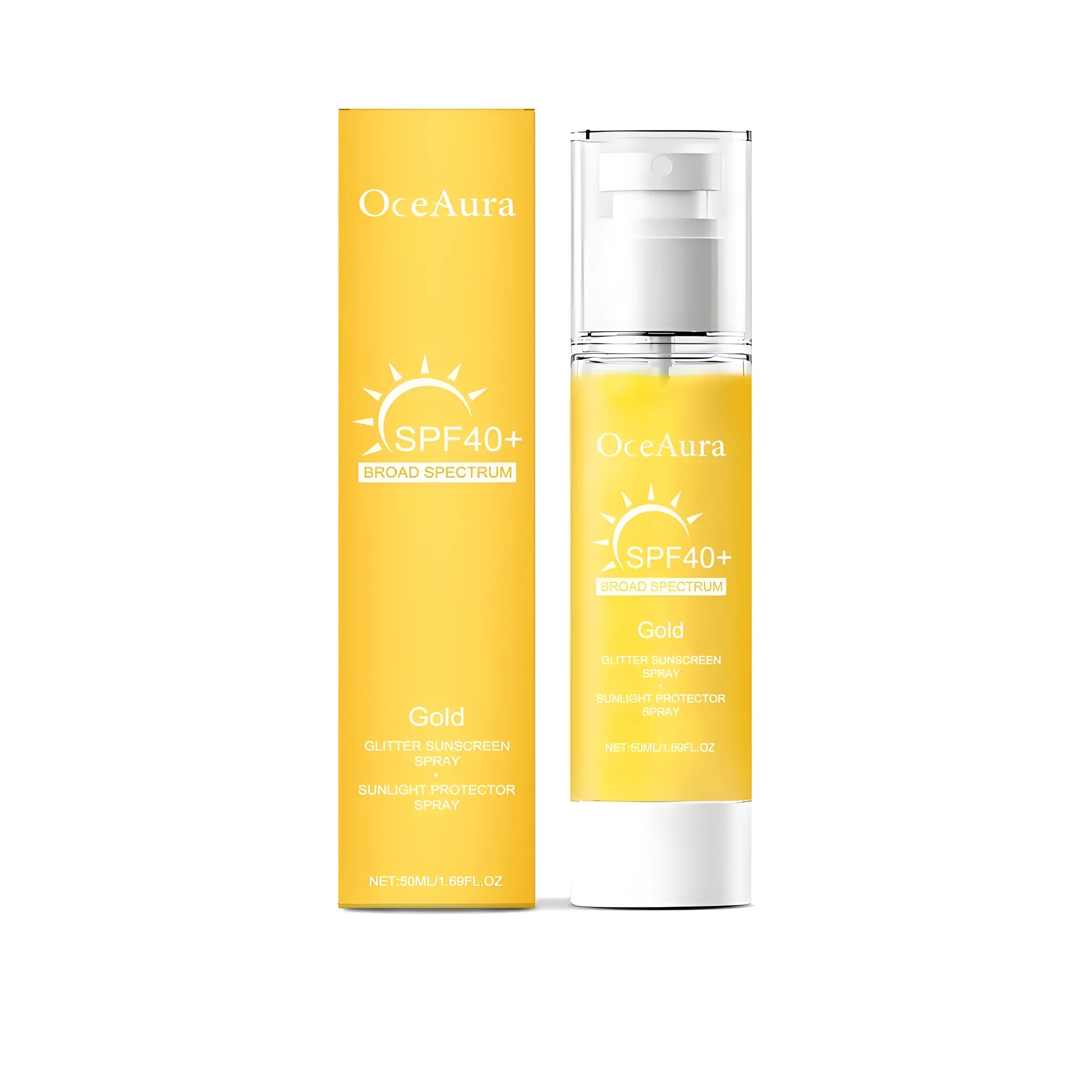 50ml SPF 50 sunscreen spray can with shimmery, non-greasy formula for face and body.