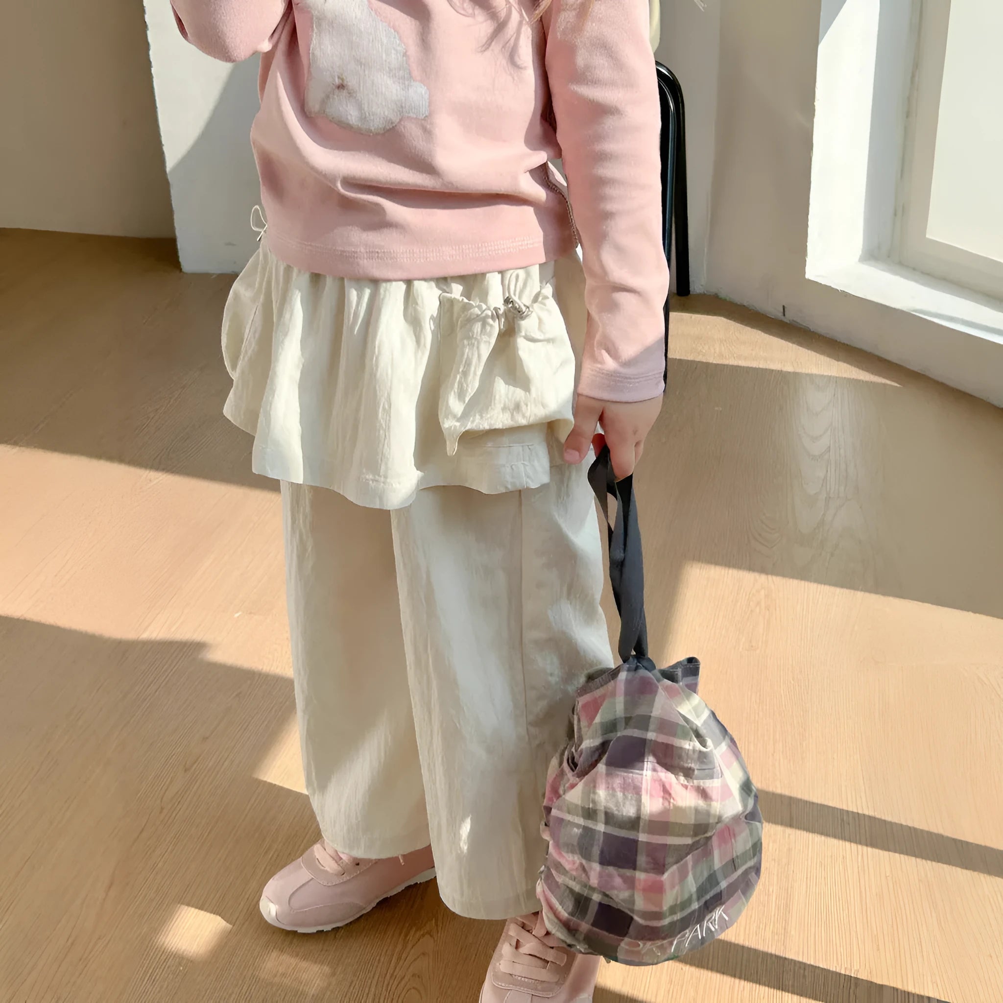 Girls' loose casual trousers with fart curtain, solid colour apricot, mid waist, chemical fibre blend, for heights 90-150cm