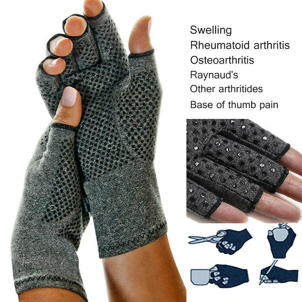 Grey half-finger compression gloves with anti-slip grip on fingertips.