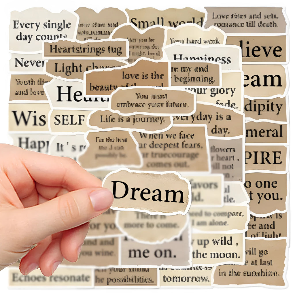 Pack of 25 tear English letter design PVC stickers for laptops, showing matte and glossy finishes.
