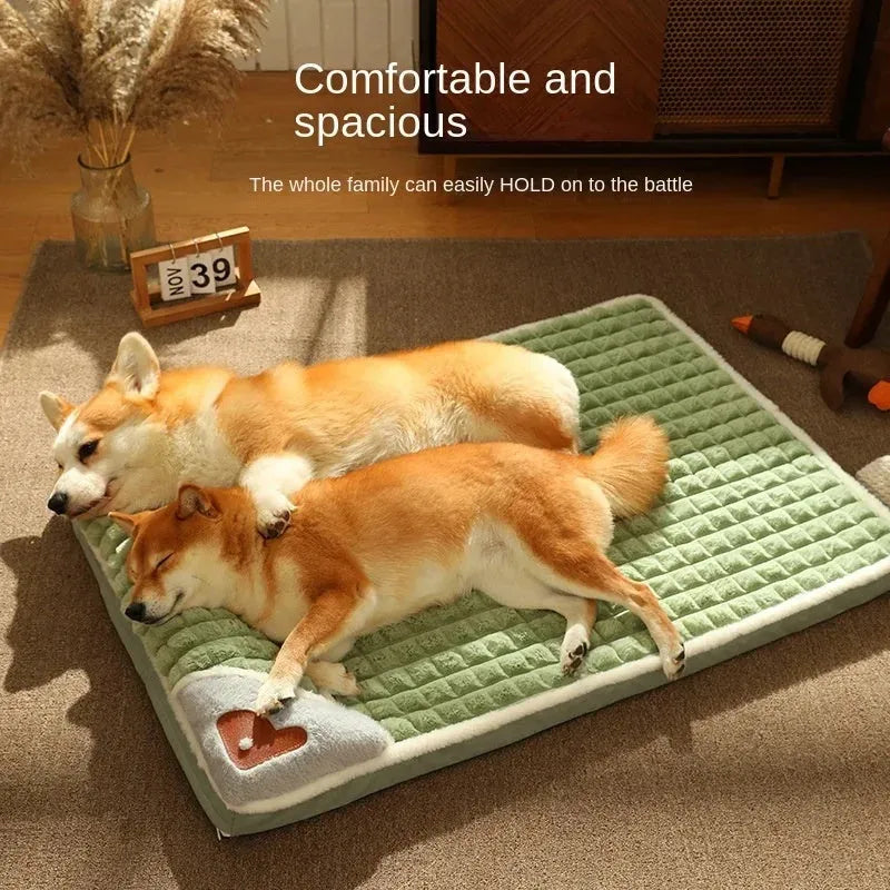 Washable dog mat with detachable cover in grey, shown on a wooden floor