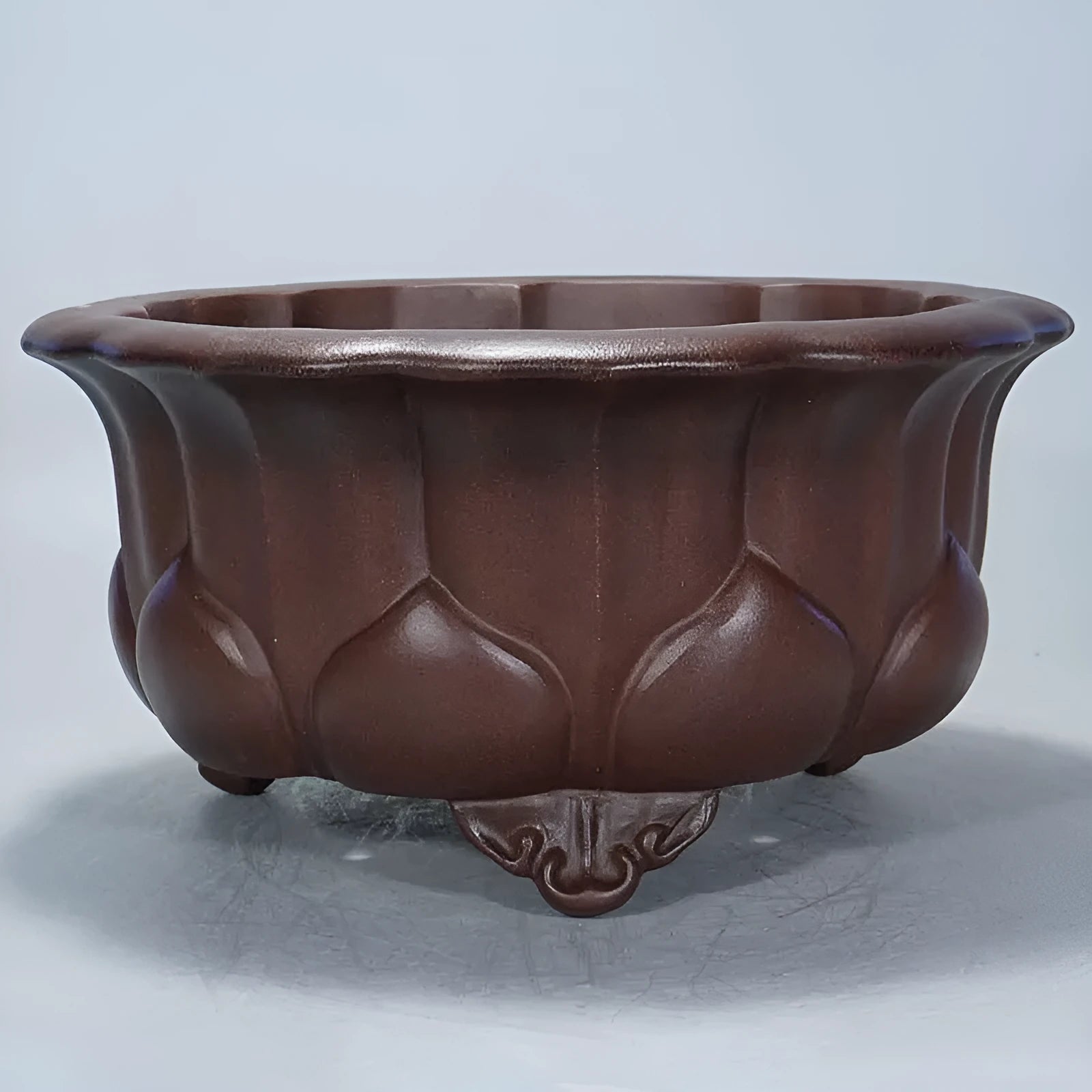 Square purple-red ceramic succulent planter with classical flared rim on a table.
