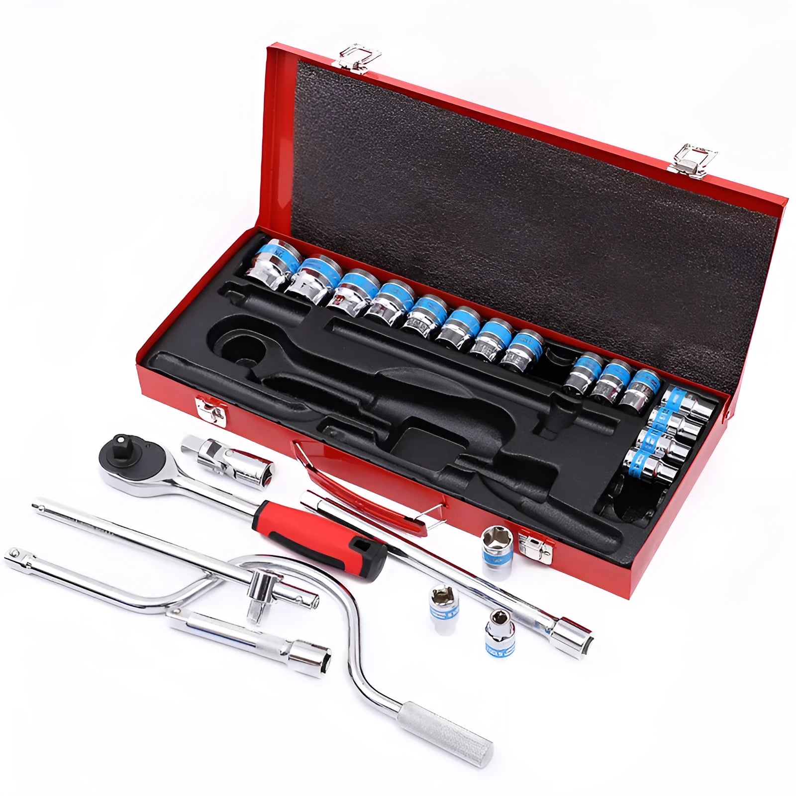 24-piece curved bow car repair wrench and socket combination tool kit with chrome vanadium steel construction