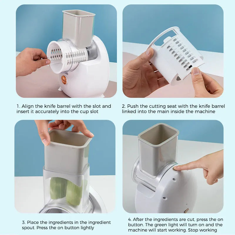White electric vegetable slicer with suction base, multiple blades, and USB charging cable.